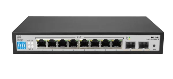 سوئیچ هوشمند D-Link DGS-F1100-10PS-E | 8 پورت PoE+ مدیریتی + 2 پورت SFP
